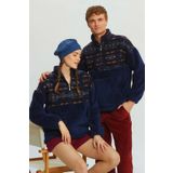 CLANDESTINO Boğazlı Etnik Desenli Peluş Sweatshirt Lacivert