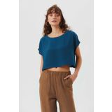 CLANDESTINO Kayık Yaka Oversize Yazlık Crop Bohem Bluz Lacivert