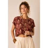 Clandestino Kayık Yaka Oversize Yazlık Crop Bohem Bluz Mor - Kahverengi