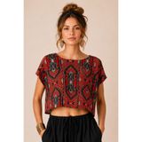 Clandestino Kayık Yaka Oversize Yazlık Crop Bohem Bluz Siyah - Kırmızı