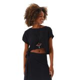CLANDESTINO Kayık Yaka Oversize Yazlık Crop Bohem Bluz Siyah