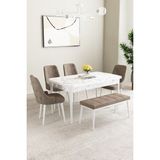 Clara Beyaz Mermer 80X132 Açılabilir Mdf Masa Yemek Odası Takımı,mutfak Takımı 4 Sandalye 1 Bench - Cappuccino