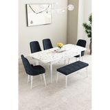 Clara Beyaz Mermer Desen 80X132 Açılabilir Yemek Odası Takımı 4 Sandalye, 1 Bench - Antrasit