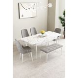 Clara Beyaz Mermer Desen 80X132 Açılabilir Yemek Odası Takımı 4 Sandalye, 1 Bench - Gri