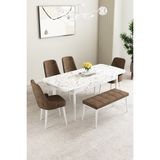 Clara Beyaz Mermer Desen 80X132 Açılabilir Yemek Odası Takımı 4 Sandalye, 1 Bench - Kahverengi