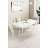 Clara Beyaz Mermer Desen 80X132 Açılabilir Yemek Odası Takımı 4 Sandalye, 1 Bench - Krem