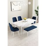 Clara Beyaz Mermer Desen 80X132 Açılabilir Yemek Odası Takımı 4 Sandalye, 1 Bench - Lacivert