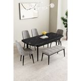 Clara Siyah Mermer Desen 80X132 Açılabilir Yemek Odası Takımı 4 Sandalye, 1 Bench - Gri