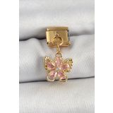 Clariss 316L Çelik Sallantılı Zirkon Taşlı Çiçek Figürlü Kelebek Model Gold Renk Nomination Charm