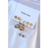 Clariss BJ-BKP7720 316L Çelik Gold Renk Zirkon Taşlı Yonca Figür Salanttı Nazar Boncuk Model Kadın Küpe Seti
