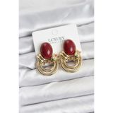 Clariss Pirinç Gold Renk Bordo Taşlı Vintage Kadın Küpe