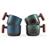 CLASGLAZ Ahşap Saplı 2.5oz Seramik Espresso Bardakları, Küçük Kahve Fincanları Çift Atış Espresso Bardakları 4'lü Set