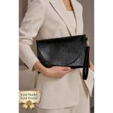 Classbag Kadın Siyah Kırışık Parlak Deri Görünümlü Zarif Zarf Model, Bilek Askılı Orta Boy Portföy Clutch Çanta (30cmx19cm)