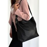 Classbag Kadın Siyah Örgü Detay Yumuşak Deri Salaş Büyük Boy Omuz Çantası