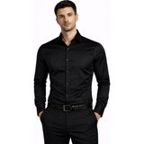 Classics Men Slim Fit Uzun Kollu Kolay Ütü Pamuk Saten Erkek Gömlek - Siyah - 4XL