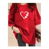 classy moda Kadın Kırmızı Uzun Oversize Baskılı Bisiklet Yaka Tunik T-Shirt