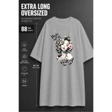 classy moda Kadın Wake Up And makeup Baskılı Extra Long Oversize Tunik Tişört