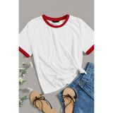 CLAYES Beyaz Gövde Kırmızı Biyeli T-shirt - Kırmızı Beyaz Oversize Bisiklet Yaka Kısa Kol Tişört