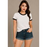 CLAYES Beyaz Gövde Siyah Biyeli T-Shirt - Oversize Bisiklet Yaka Kısa Kol Tişört