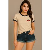 CLAYES Kiraz Baskılı T-Shirt - Bej Gövde Lacivert Biyeli Oversize Bisiklet Yaka Kısa Kol Tişört