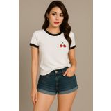 CLAYES Kiraz Baskılı T-Shirt - Beyaz Gövde Siyah Biyeli Oversize Bisiklet Yaka Kısa Kol Tişört