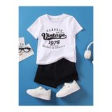 CLAYES Vintage Baskılı Pamuklu Çocuk Siyah Şort Beyaz T-shirt Takım - Çocuk Yazlık Bisiklet Yaka