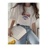 CLAYES Vintage College T-Shirt - Beyaz Baskılı Oversize Bisiklet Yaka Kısa Kol