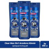 Clear Men 3 in 1 Arındırıcı Kömür 3x350 ml Saç Yüz Vücut İçin Şampuan & Duş Jeli