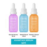 Clerie Cosmetics 3’lü Serum Seti (Avantajlı Paket) – Retinol, C Vitamini & Göz Altı Serumu – Leke & Morluk Karşıtı