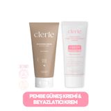 Clerie Cosmetics Cilt Beyazlatıcı Leke Karşıtı Bakım Seti - Pembe Güneş Kremi SPF 50+ & Alpha Arbutin Hint Dutu Aydınlatıcı Nemlendirici Krem Seti 2x50 ml