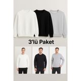 CLIPMAN Erkek 3'Lü Paket Slim Fit Bisiklet Yaka Sade Baskısız 3 Iplik Sweatshirt Beyaz Siyah Gri