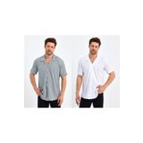 CLIPMAN Erkek Slim Fit 2'li Kendinden Desenli Keten Apaş Yaka Kısa Kollu Gömlek Gri Beyaz