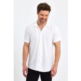 CLIPMAN Erkek Slim Fit Desenli Keten Apaş Yaka Kısa Kollu Gömlek Beyaz 34