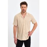 CLIPMAN Erkek Slim Fit Kendinden Desenli Keten Apaş Yaka Kısa Kollu Gömlek Bej34