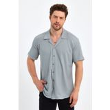 CLIPMAN Erkek Slim Fit Kendinden Desenli Keten Apaş Yaka Kısa Kollu Gömlek Gri