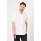 CLIPMAN Erkek Slim Fit Keten Apaş Yaka Kısa Kollu Gömlek Beyaz