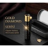 CLİPPER Siyah Metal Gold Diamond Serisi Çakmak Rüzgar Geçirmez Minimalist Şıklık