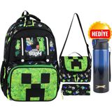 CLK Sports Minecraft Okul Sırt Çantası , Beslenme Çantası Kalemlik Seti - Lisanslı Çelik Suluk & Matara Hediye - Yeşil