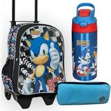 CLK Sports Sonic Çekçekli Okul Çantası , Çift Gözlü Kalem Çantası - Sonic Çelik Matara Hediye - Sonic Lisanslı Sonic Çelik Matara Hediye
