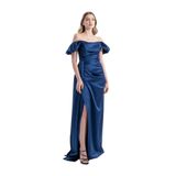 Cloe | Saten Straplez Düşük Kol Maxi Abiye Elbise (Gece Mavisi, S)