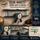 Cloport Retro Uçak Maketi Duvar Saati 6'lı Metal Askılık Vintage Endüstriyel Dekoratif Ev Hediyesi