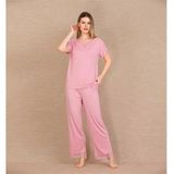 Closet Viskon Şık Tasarım Dantel İşlemeli Pembe Kısa Kol Pijama Takımı