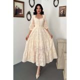 Clothes Fast Kadın Bej Elbise Brode İşlemeli Kare Yaka Düğmeli Balon Kol Astarlı Maxi