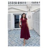 Clothes Fast Kadın BURGUNDY - BORDO Ceket Yaka Kemerli Pileli Midi Elbise Kısa Kollu A Kesim