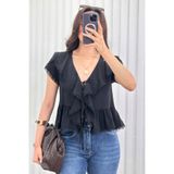 Clothes Fast Kadın Fırfırlı Bağlamalı V Yaka Yazlık Bluz Kısa Kollu Volanlı Salaş Şık Günlük Bluz