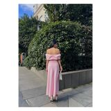 Clothes Fast Kadın PİNK - PEMBE Carmen Yaka Omzu Açık Drape Detaylı Aksesuar Tokalı Maxi Boy Elbise