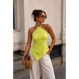 Clothes Fast Kadın Sarı Bluz Boyundan Bağlamalı Boncuklu Ribana Dar Kalıp Asimetrik Uçlu