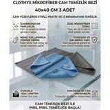 Clothyx Mikrofiber Cam Temizlik Bezi 40*40 cm 3 Adet - Gri-Gri-Mavi
