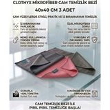Clothyx Mikrofiber Cam Temizlik Bezi 40*40 cm 3 Adet - Gri-Gri-Pembe