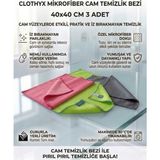 Clothyx Mikrofiber Cam Temizlik Bezi 40*40 cm 3 Adet - Gri-Yeşil-Pembe